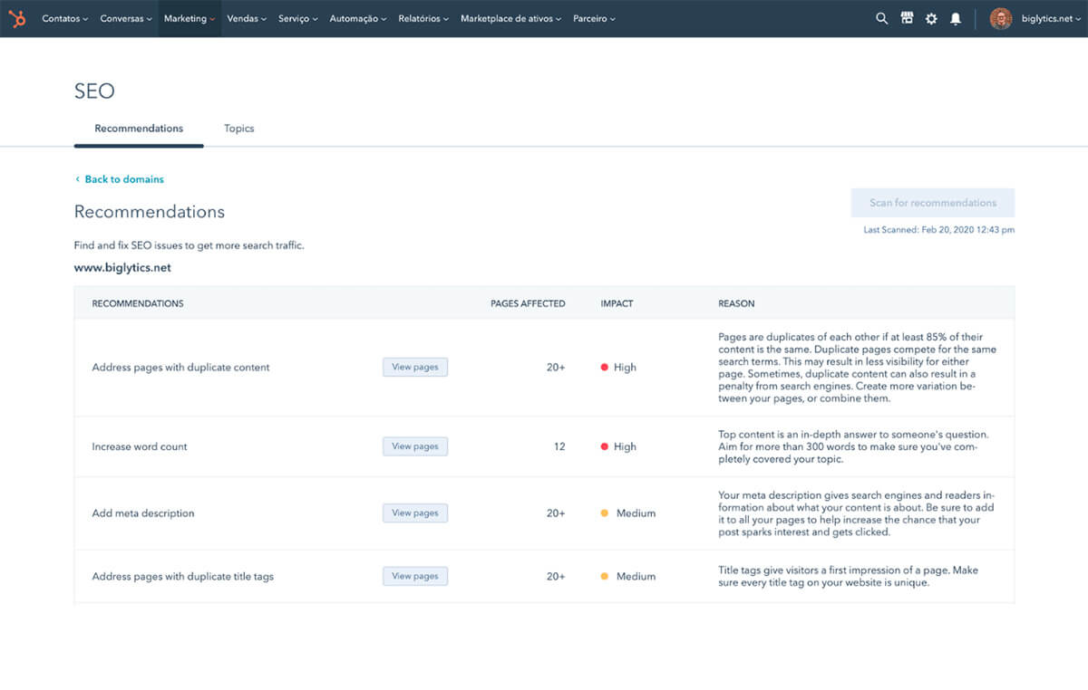 HubSpot Screenshot of SEO Tools with Recommendations